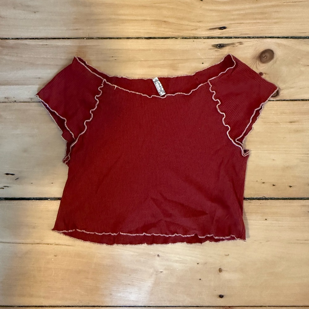 Free People Red Off-Shoulder Ruffle Trim Top